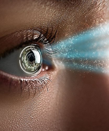 Female eye with biometric implants